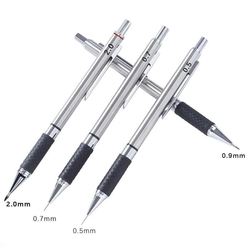 A set of professional metal mechanical pencils with various lead sizes and grips shown diagonally.