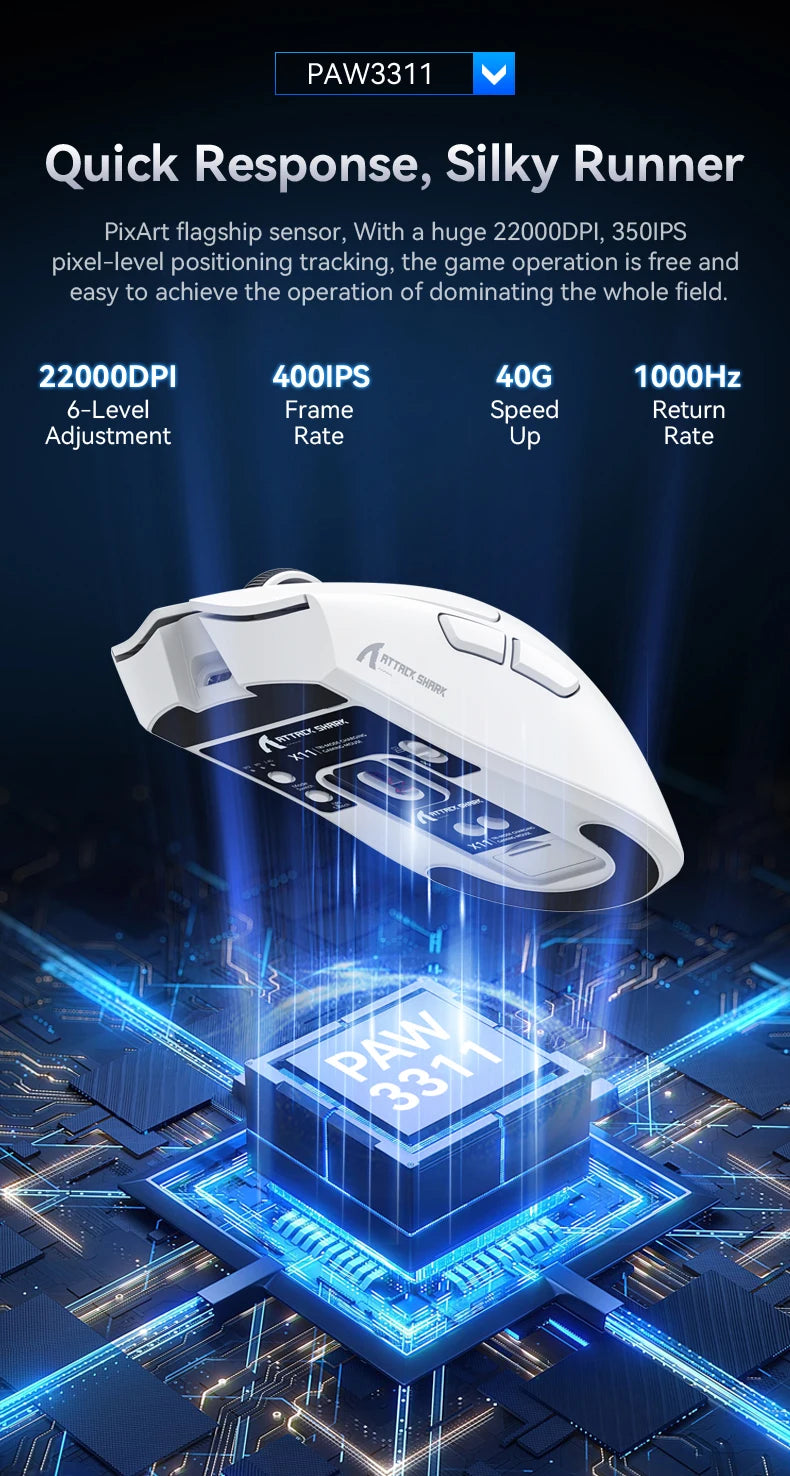 A white Attack Shark gaming mouse is shown above a blue circuit board with the model number PAW3311, highlighting its feature
