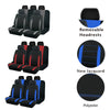 A set of black and blue car seat covers featuring removable headrests, new jacquard fabric, and polyester material.