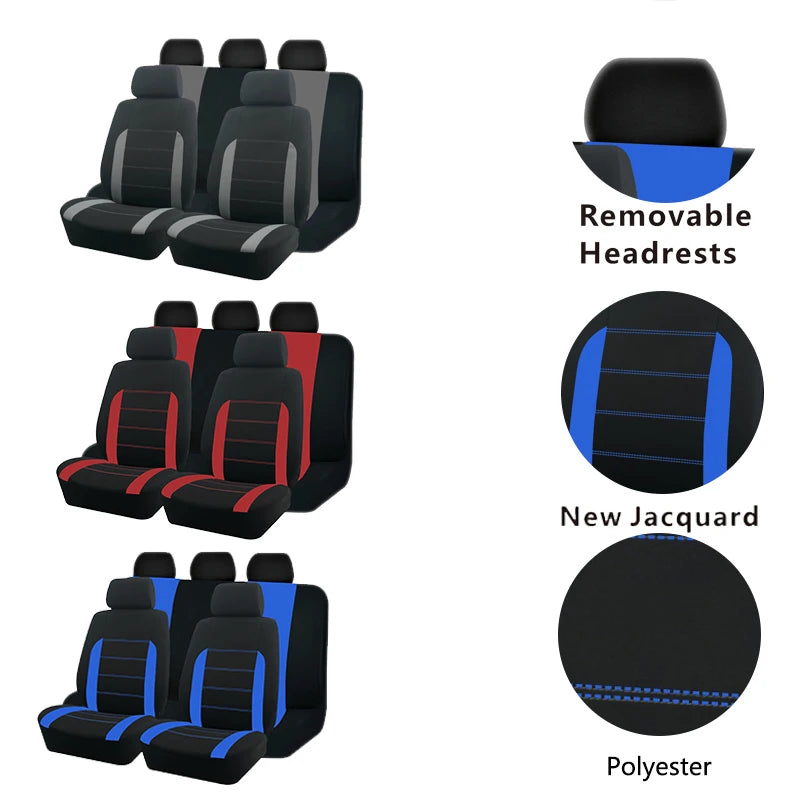 A set of black and blue car seat covers featuring removable headrests, new jacquard fabric, and polyester material.
