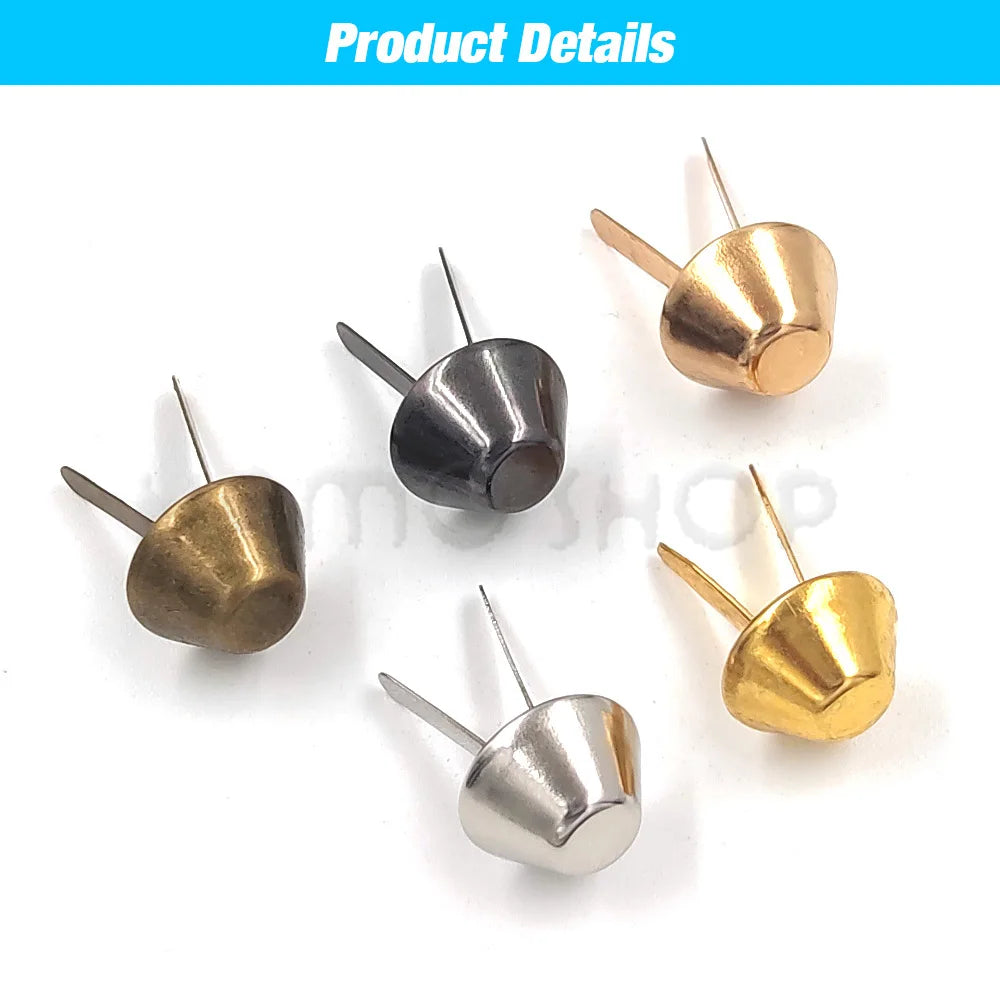 A collection of metal bag bottom feet studs in gold and silver finishes.