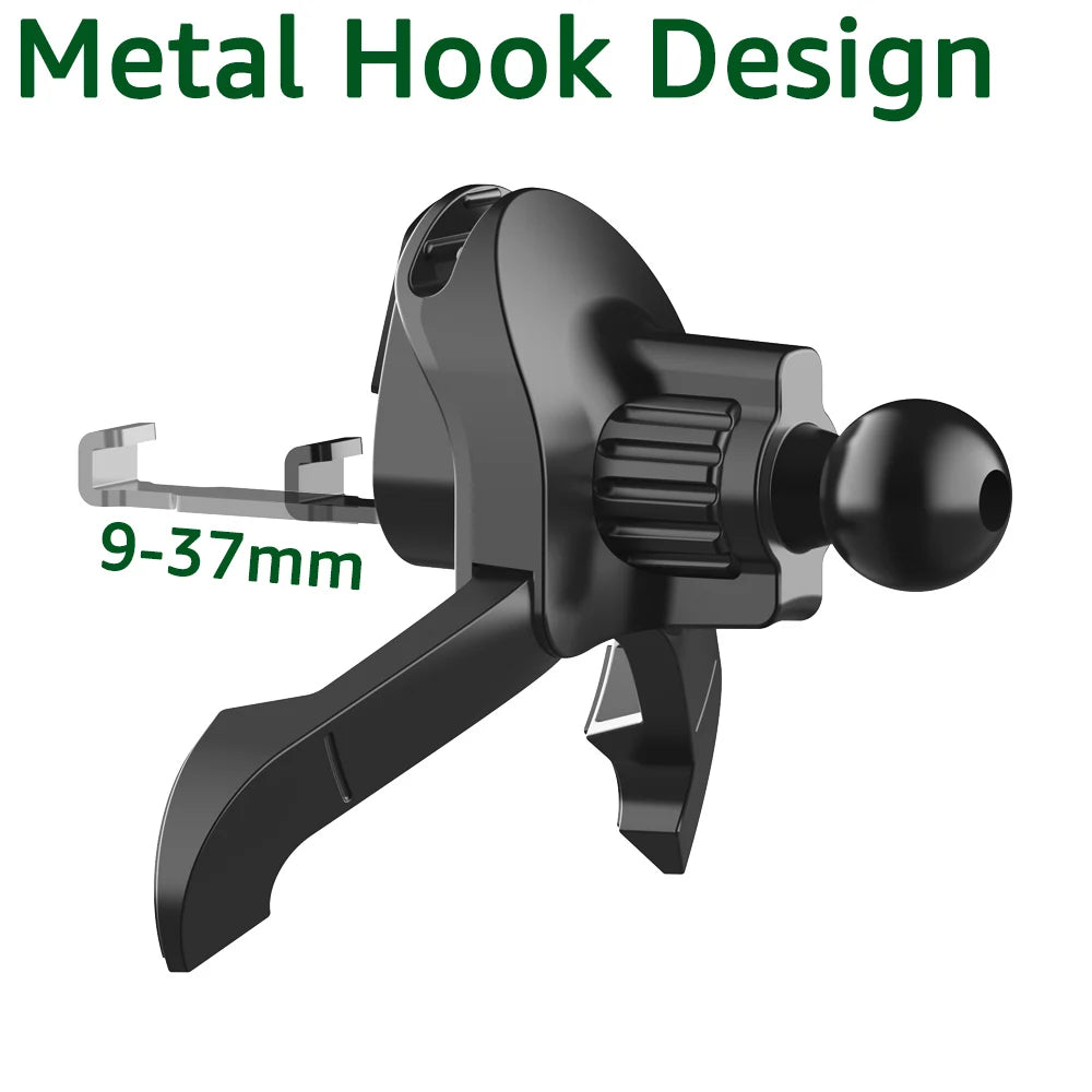 A black metal hook design phone mount adapter for a car air vent.
