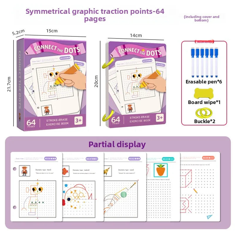 A box of a 64-page Connect the Dots exercise book with an eraser and pencil, alongside examples of partial displays.