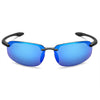 Rimless polarized sports sunglasses with a blue lens and black frame
