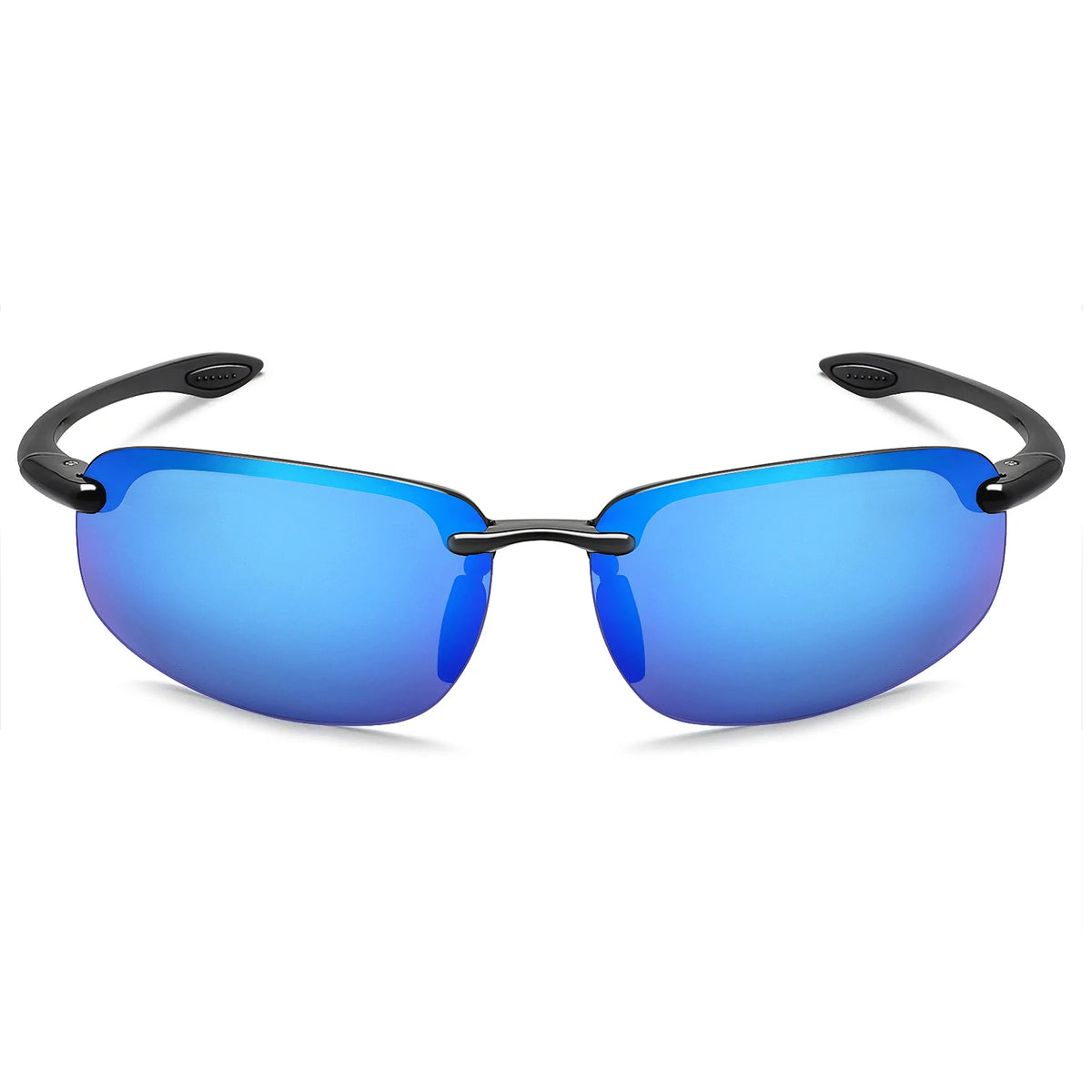 Rimless polarized sports sunglasses with a blue lens and black frame