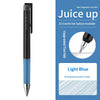 Ein schwarz-blauer Pilot Juice Up Gelstift neben Informationen zu 22 farbigen Tintenoptionen.