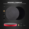 A professional and standard size magic clay pad for paint detailing shown next to a black pad and a red foam disc.