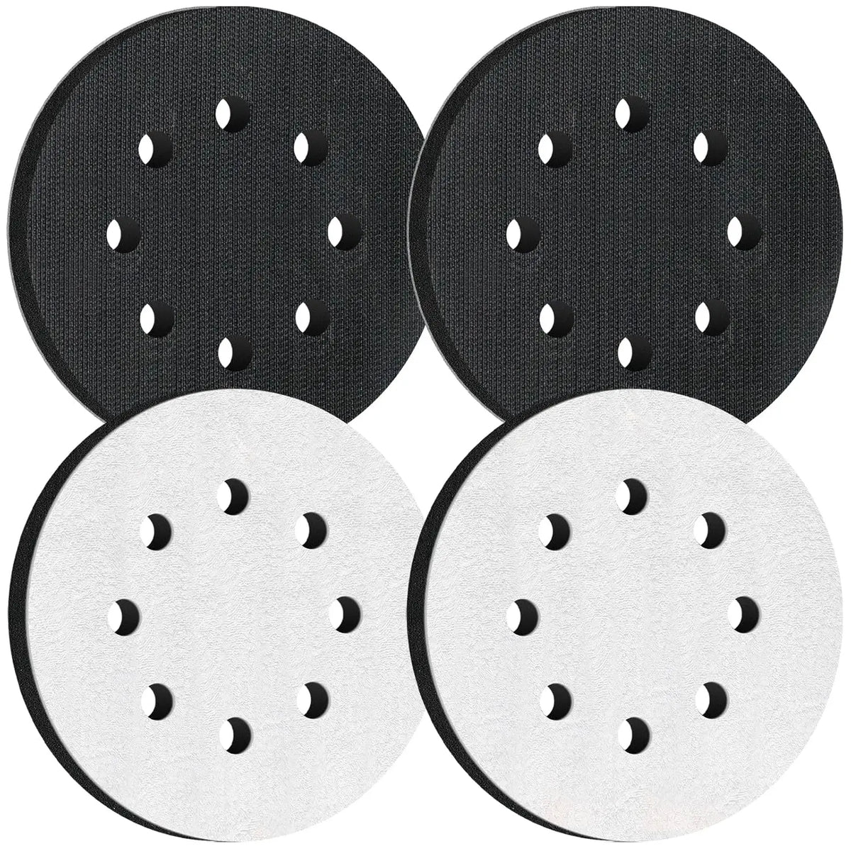 A set of two black foam sanding pads and two white foam sanding pads for random orbit sanders