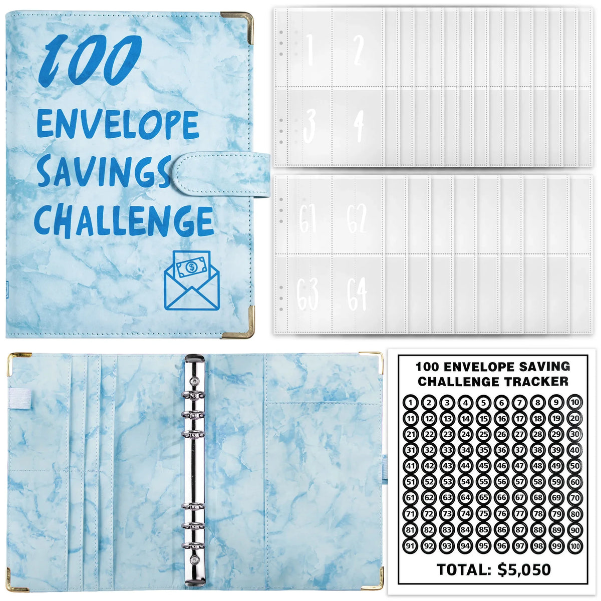 Marble A5 Savings Challenge Binder with 100 Cash Envelopes