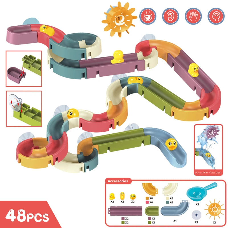 A set of colorful bath time duck slide toys for toddlers, including various slides and accessories.