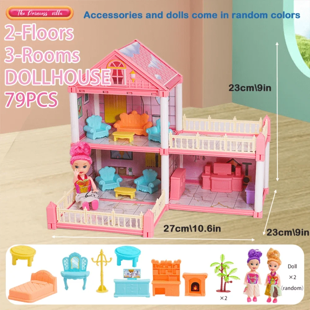 A pink dollhouse with accessories and dolls, including furniture and a small building structure.