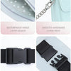 Close-up view of a light blue running waist pack showing waterproof inner layer design, smooth hardware chain head, and adjus