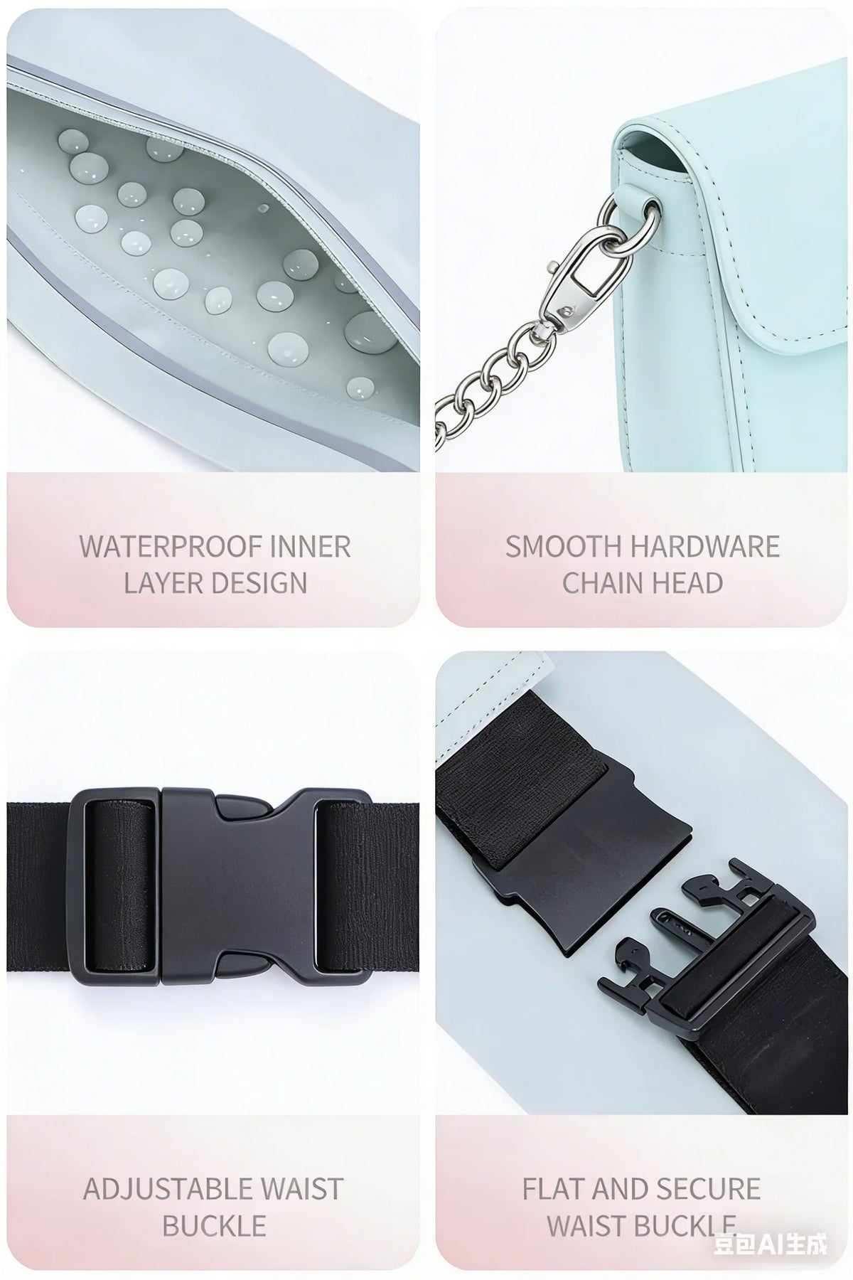 Close-up view of a light blue running waist pack showing waterproof inner layer design, smooth hardware chain head, and adjus