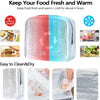 A pink and blue insulated lunch bag for keeping food fresh and warm, shown with cleaning cloth.