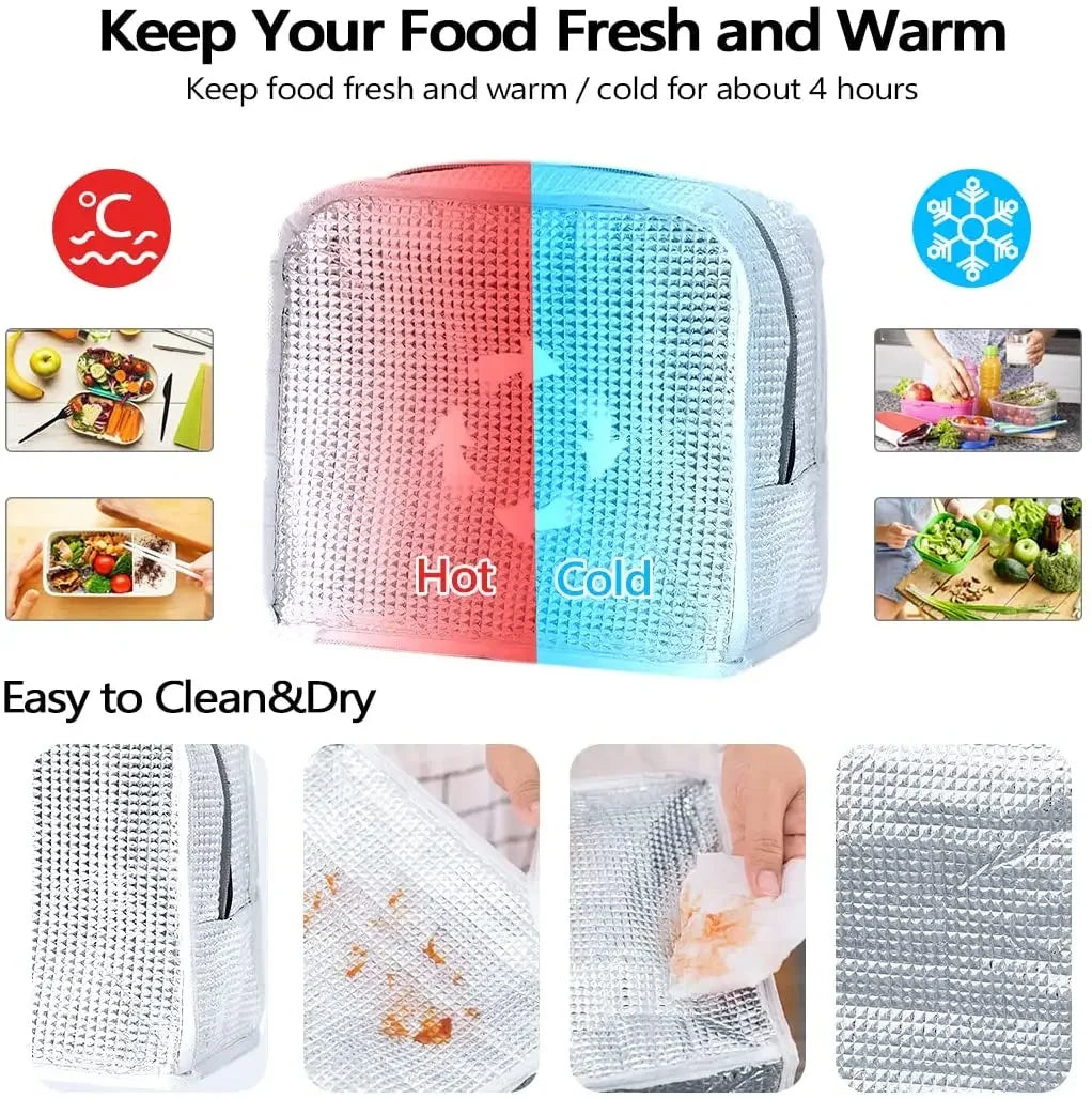 A pink and blue insulated lunch bag for keeping food fresh and warm, shown with cleaning cloth.