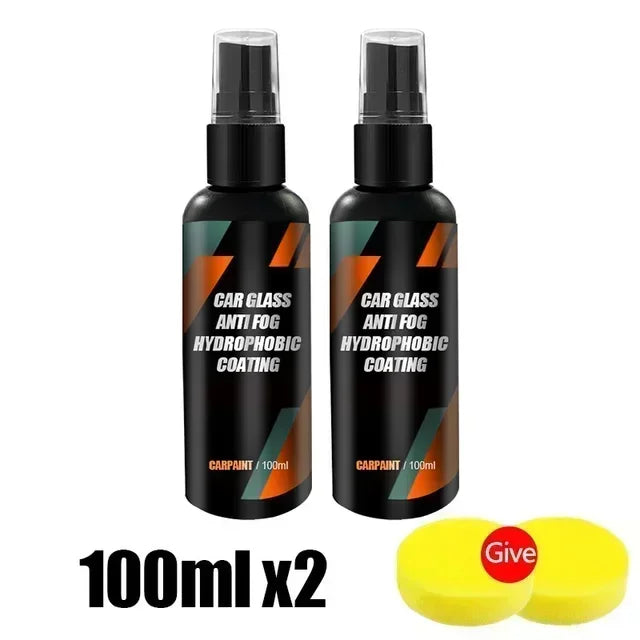 Two black glass spray bottles of Car Paint Anti Fog Hydrophobic Coating with yellow gel pads