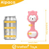 A pink alpaca-themed baby rattle toy for sensory development, shown next to a can for size reference.