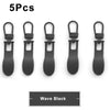Five black metal zipper pull replacement sliders for luggage, bags, and jackets.
