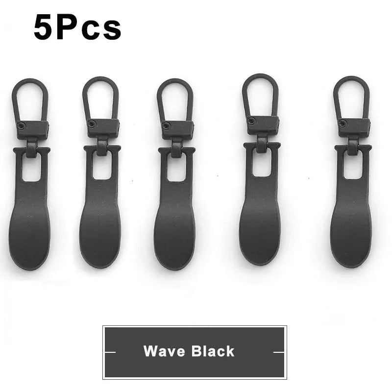 Five black metal zipper pull replacement sliders for luggage, bags, and jackets.