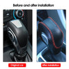Before and after installation comparison of a gear shift knob cover on a car steering column.