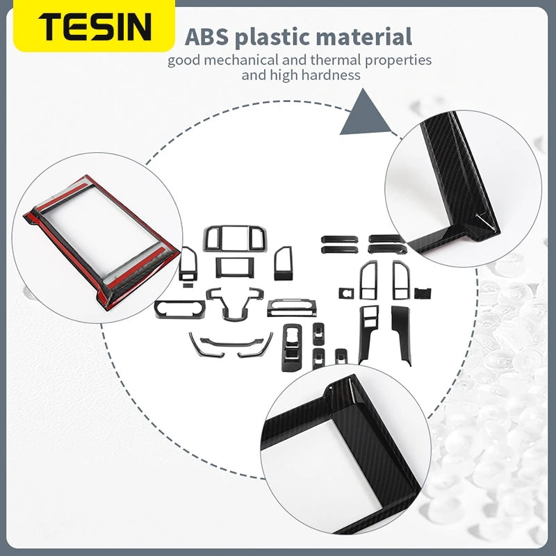 Black ABS plastic material trim covers and components for a Ford F-150 center console.