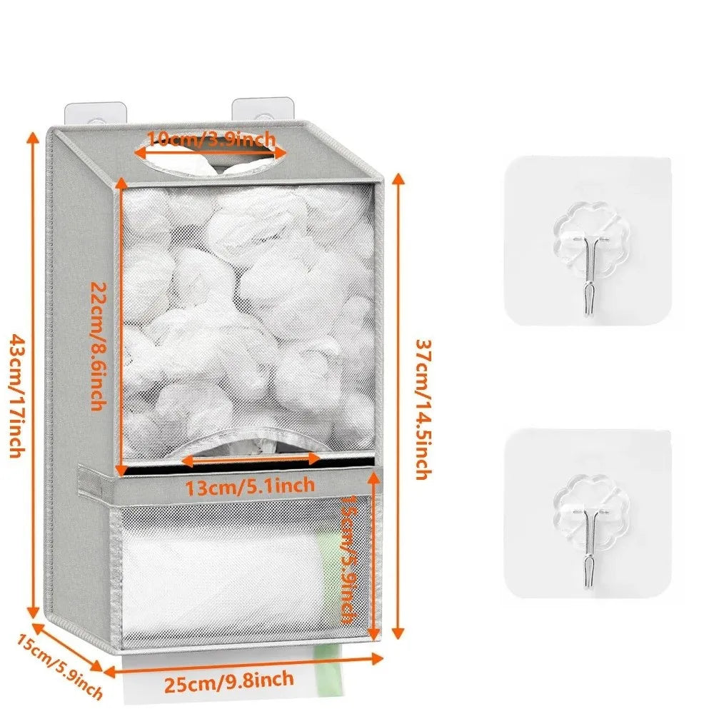 A silver wall-mounted 2-in-1 bag holder dispenser with two compartments for kitchen and pantry storage.