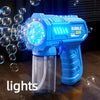 A blue bubble gun is shown firing glowing bubbles in a dark setting.