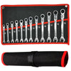 A set of nineteen flex-head ratcheting wrenches with varying tooth counts displayed on a black and red background.