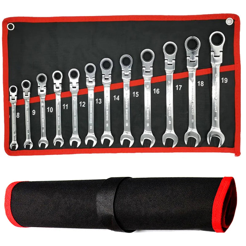 A set of nineteen flex-head ratcheting wrenches with varying tooth counts displayed on a black and red background.
