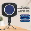 A black microphone with a blue foam sound-absorbing cover mounted on a tripod.