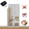 A magnetic screen door with self-sealing mesh is shown alongside its components and usage examples.