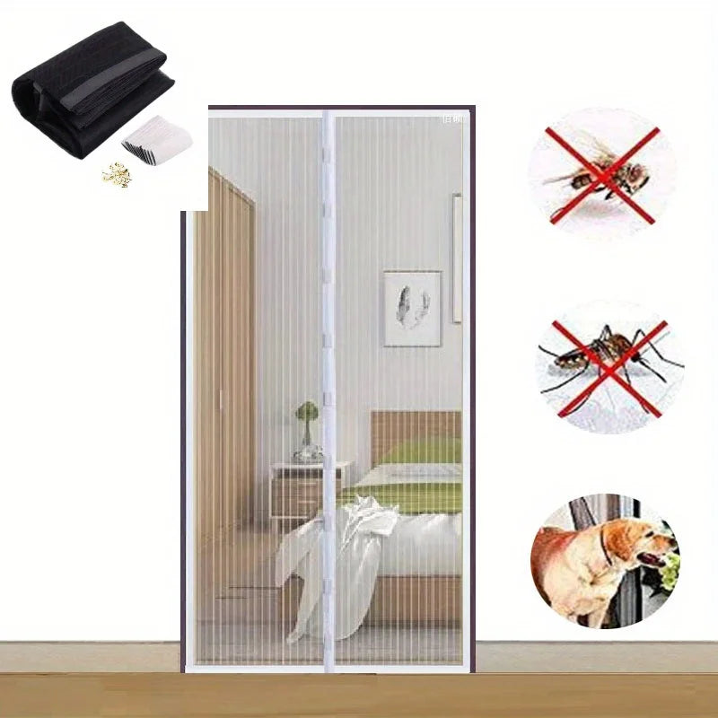 A magnetic screen door with self-sealing mesh is shown alongside its components and usage examples.