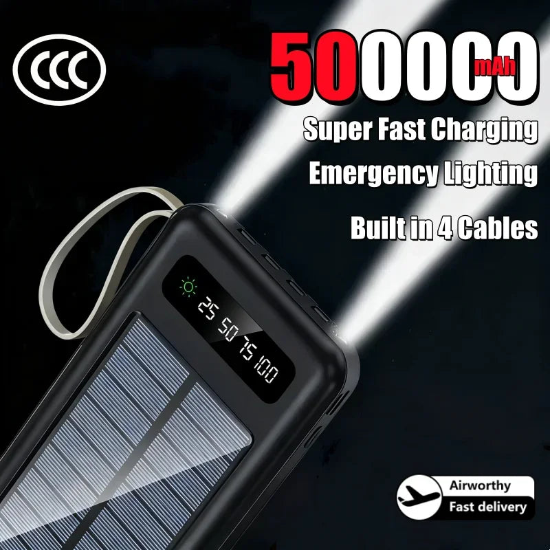Solar Power Bank with Built-in Cables and Flashlight