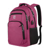 Sac à dos d'ordinateur portable pour les voyages d'affaires magenta avec accents et fermetures noires.