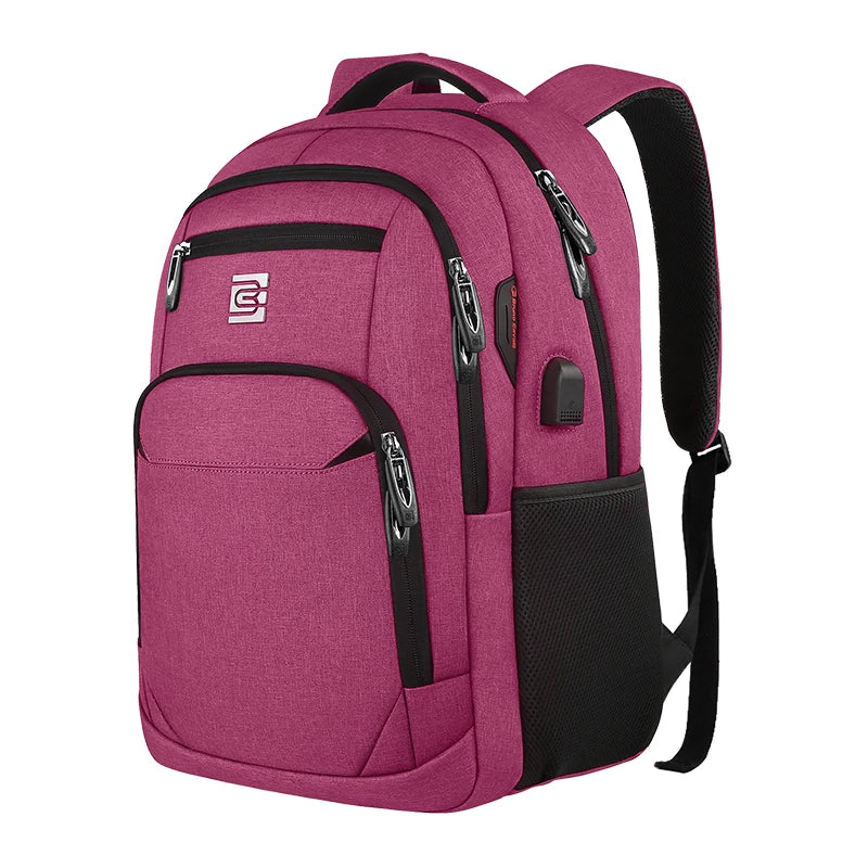 Sac à dos d'ordinateur portable pour les voyages d'affaires magenta avec accents et fermetures noires.