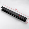 Black heavy-duty wall mounted tool storage rack with 12 drilled holes and dimensions 402mm long and 48mm wide
