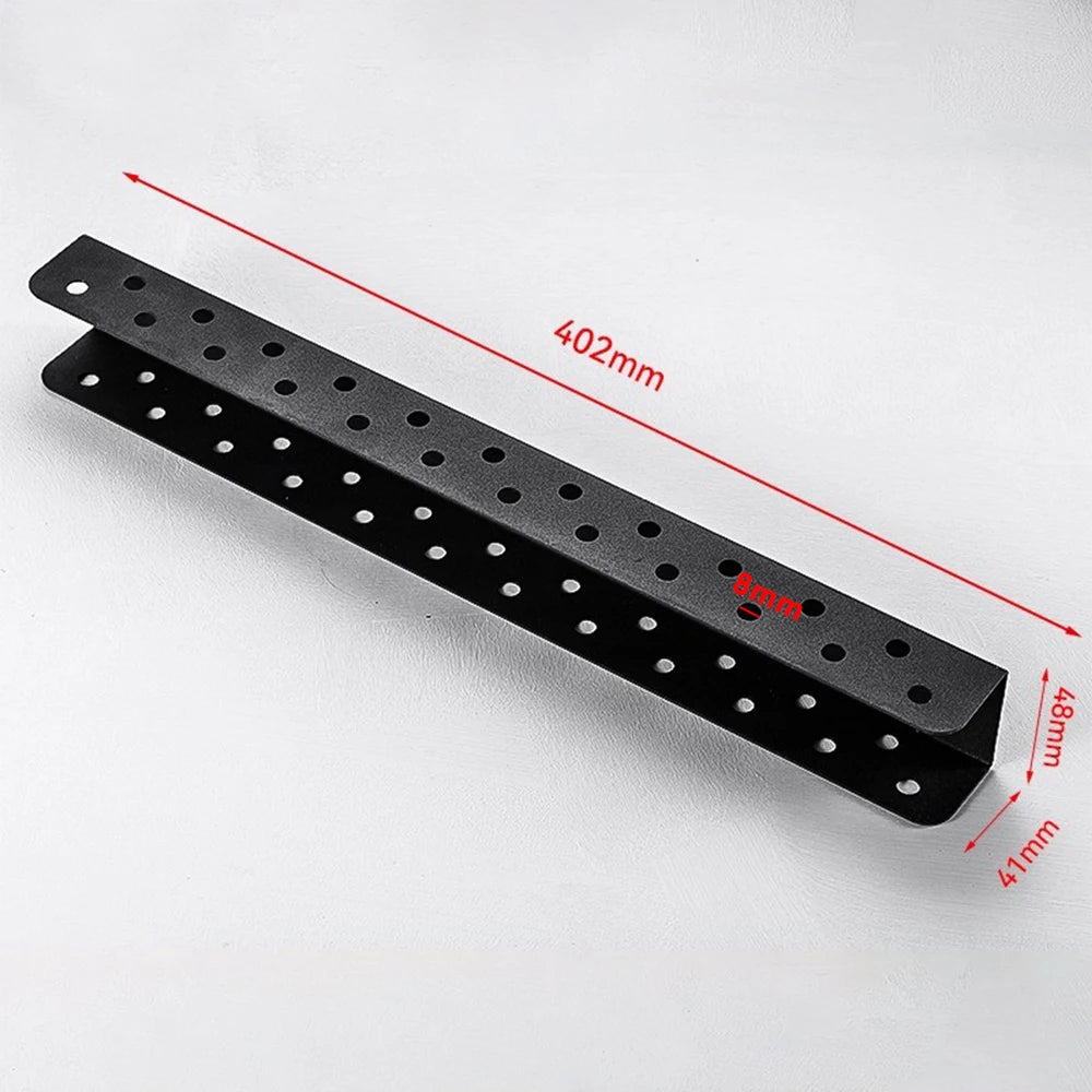 Black heavy-duty wall mounted tool storage rack with 12 drilled holes and dimensions 402mm long and 48mm wide