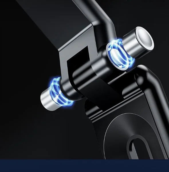 A close-up view of a black 360° rotatable car sun visor phone holder with glowing blue accents.