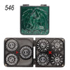A green metal dice set featuring a dragon design and a black magnetic box.