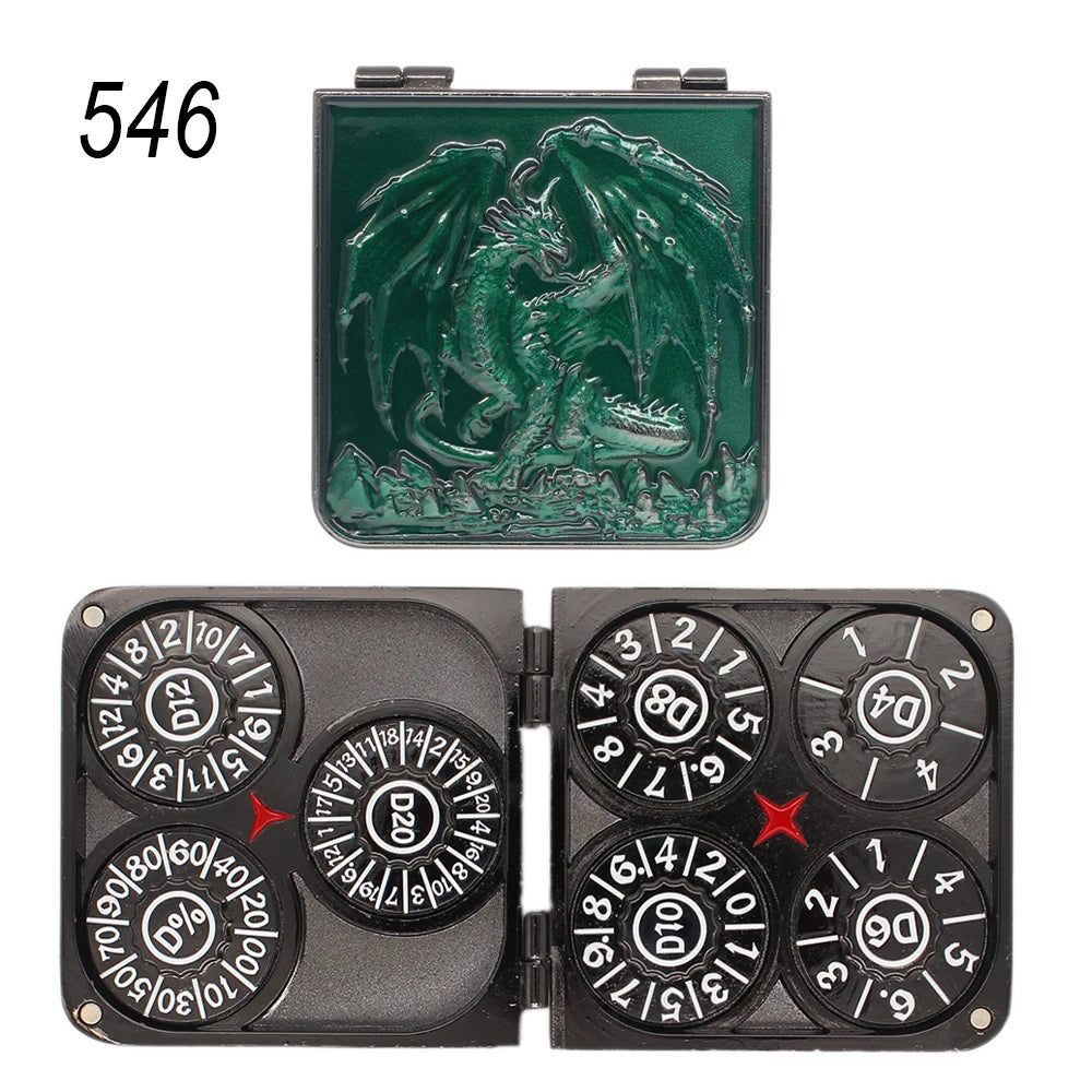 A green metal dice set featuring a dragon design and a black magnetic box.