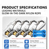 Product specifications for a glow-in-the-dark nylon rope tensioner tool and rope.