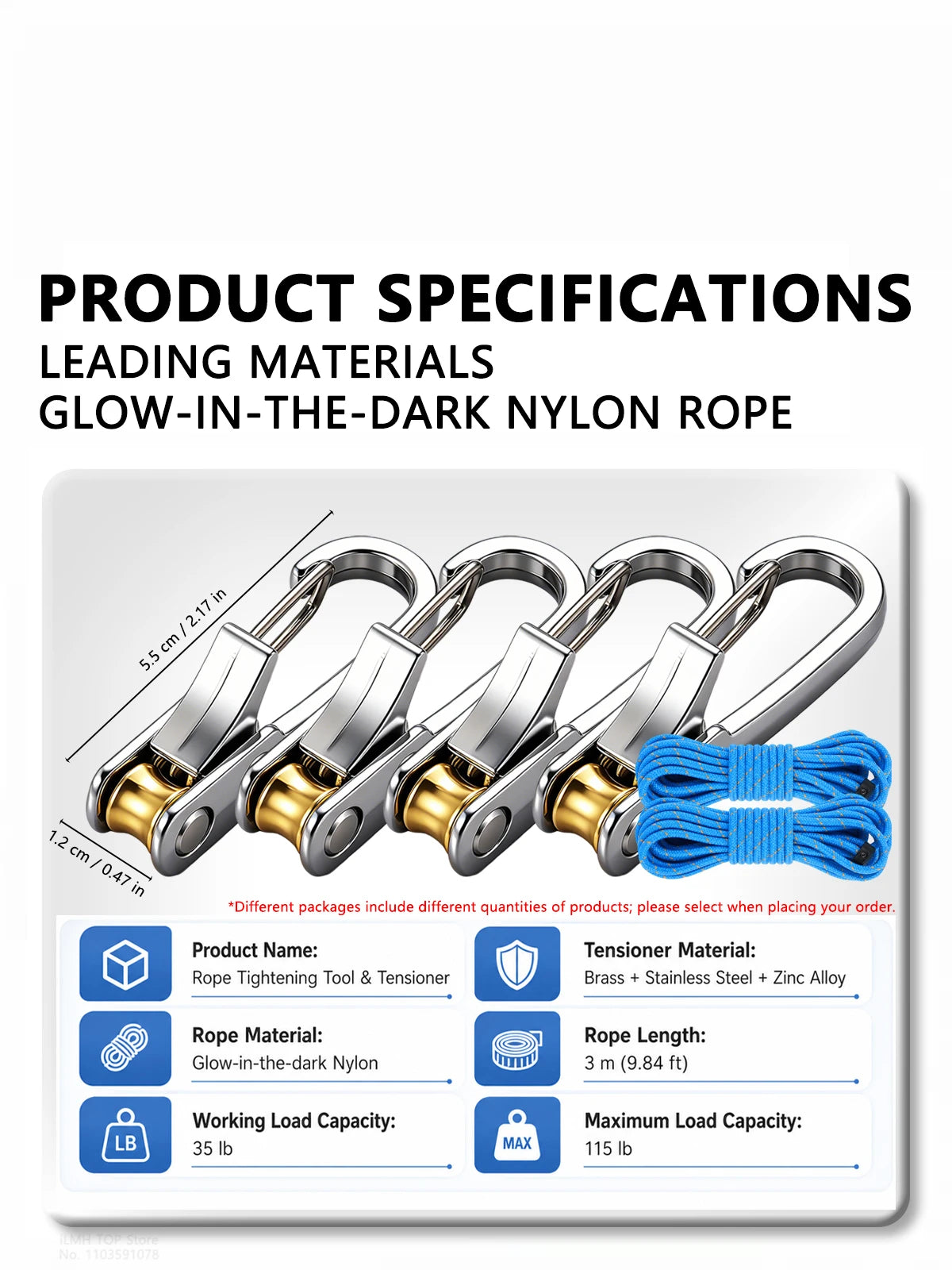 Product specifications for a glow-in-the-dark nylon rope tensioner tool and rope.