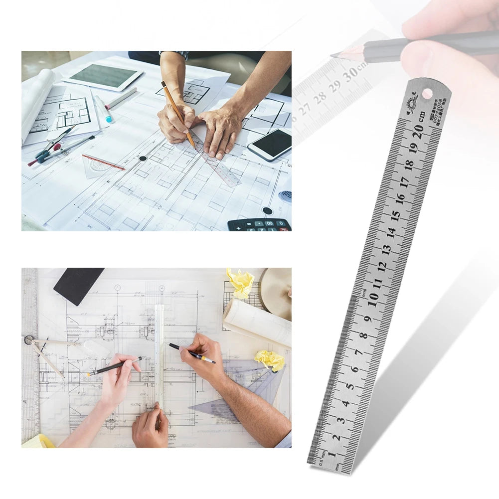A stainless steel precision straight ruler is shown being used to measure and mark on blueprints or technical drawings.