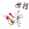 A white and purple transforming unicorn car toy with magnetic collision features shown in various configurations.