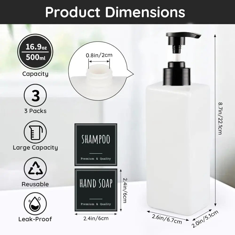 A white refillable soap dispenser bottle with a black pump, showing dimensions and capacity details.