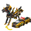 A black and gold transforming unicorn car toy with magnetic collision features.
