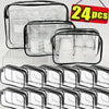 A clear PVC travel makeup and toiletry organizer bag with a zipper, shown in various sizes and quantities.