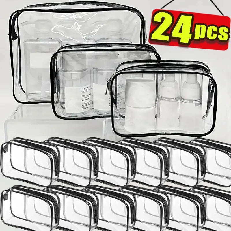 A clear PVC travel makeup and toiletry organizer bag with a zipper, shown in various sizes and quantities.