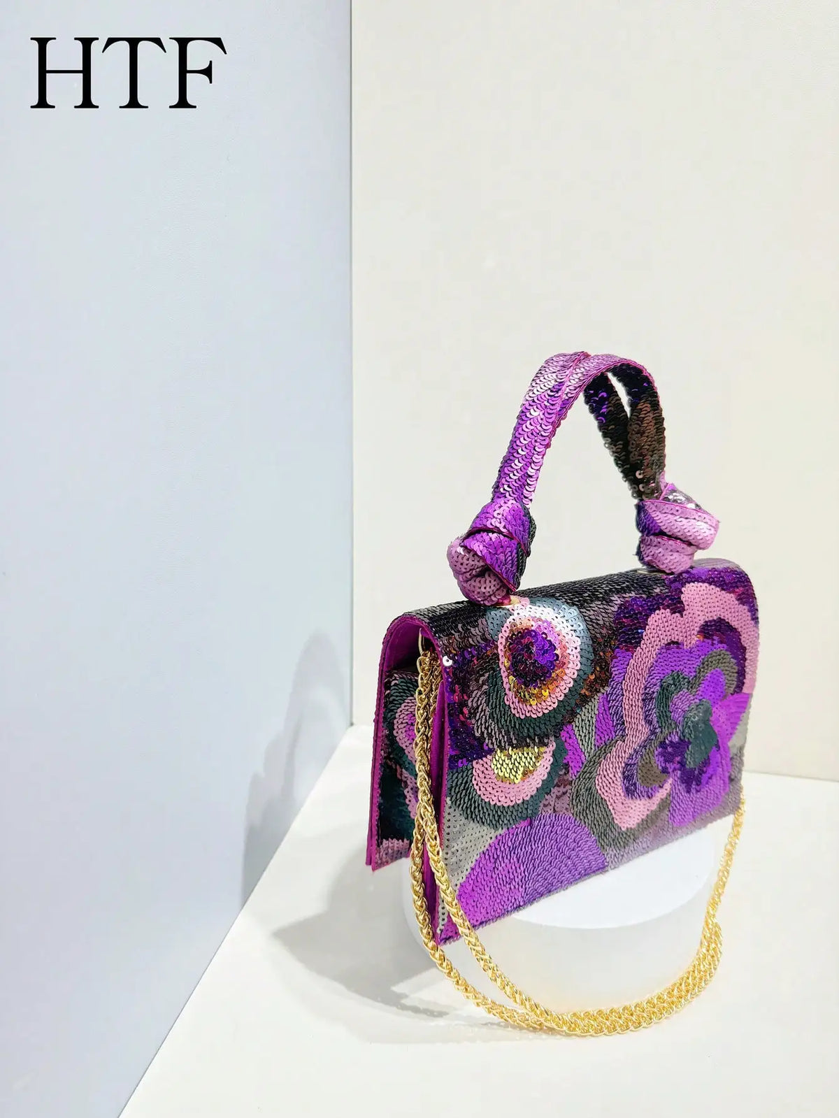 Sequin Floral Evening Clutch with Chain