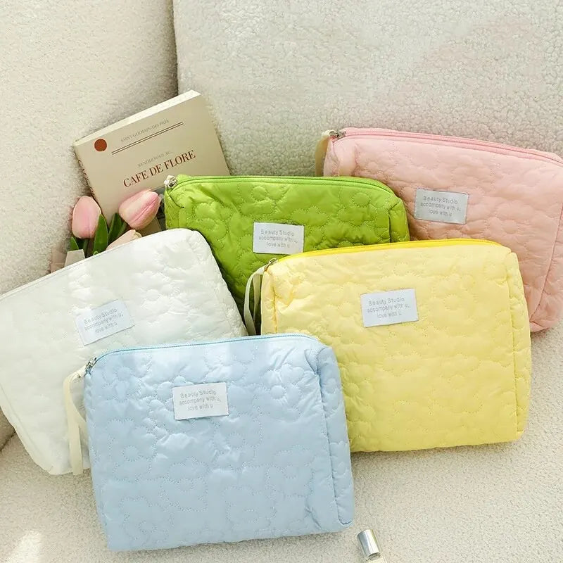 Quilted Floral Cosmetic Bag with Zipper Closure